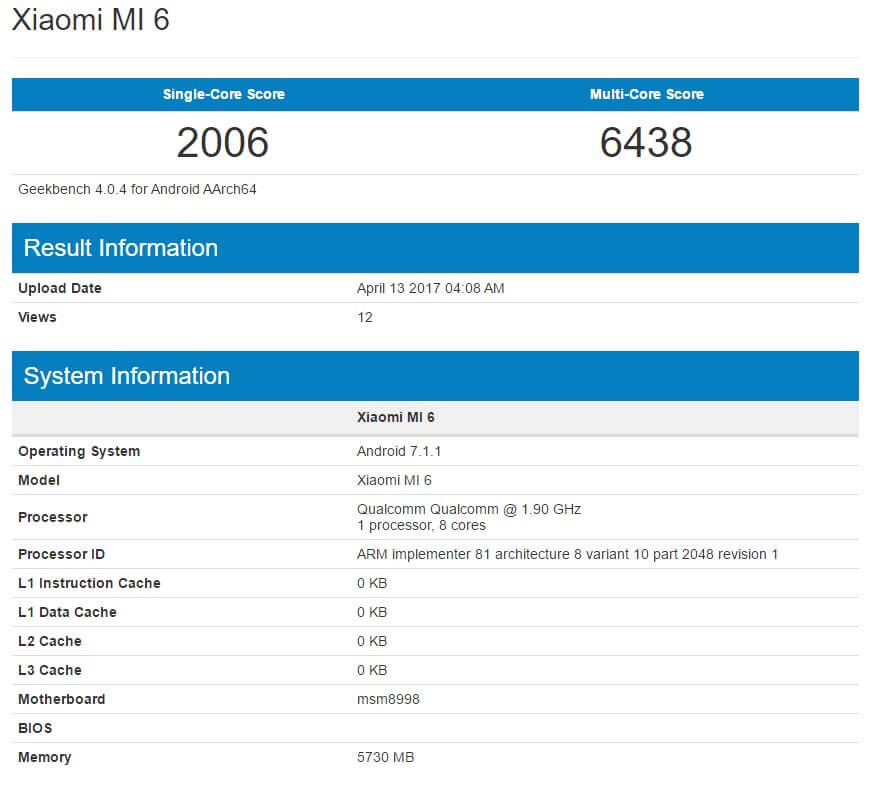 Xiaomi Mi6 демонстрирует рекорды производительности в Geekbench