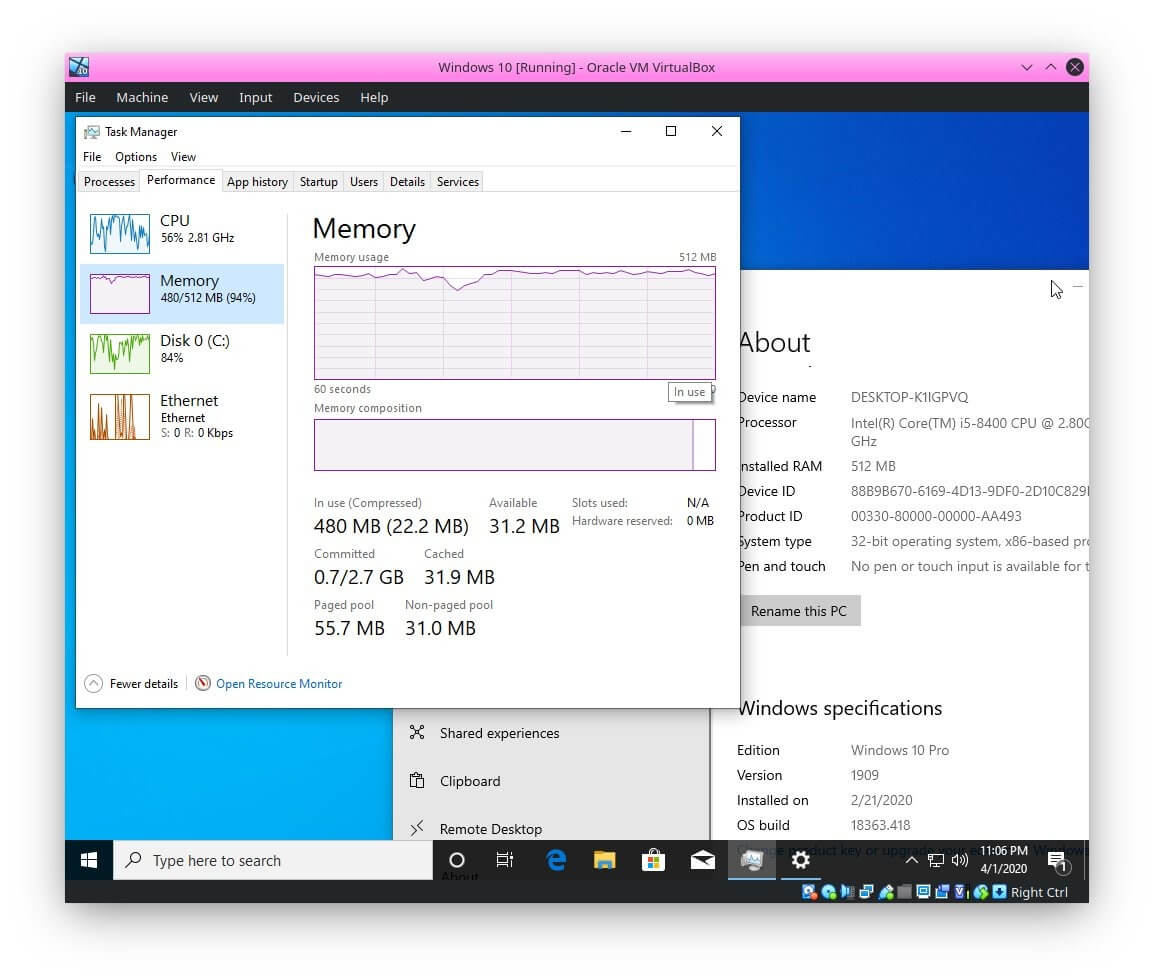 How big is the Ram Memory for Windows 10?