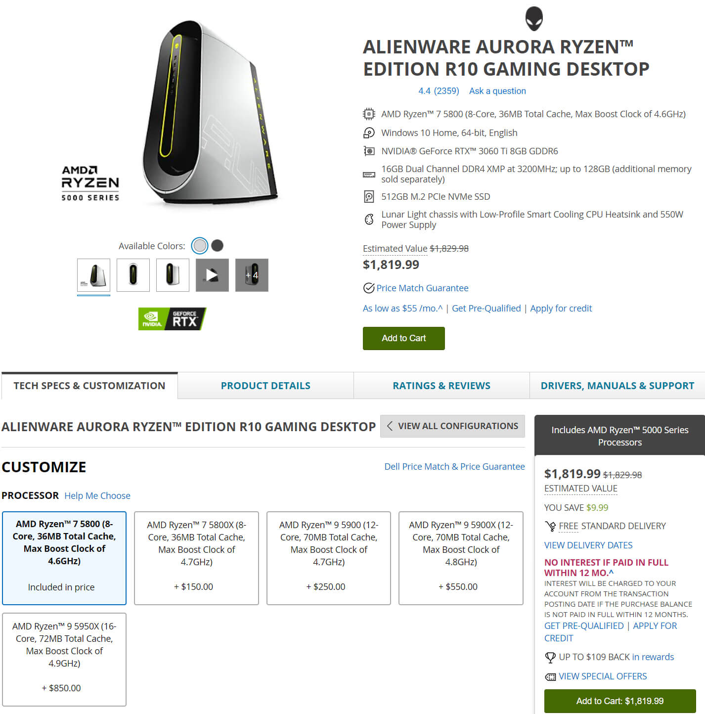 Alienware Aurora Ryzen Edition R10 Gaming Desktop