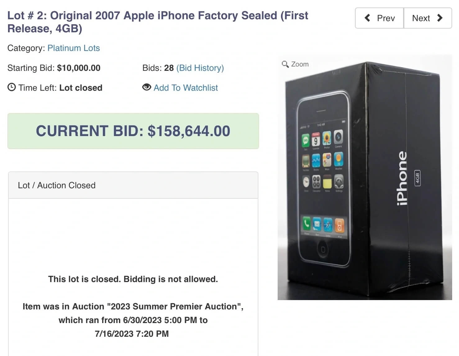 Первый iPhone 2007 года продали за $158 644