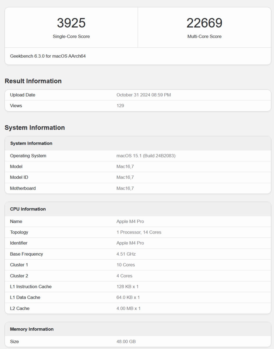 Apple M4 Pro протестировали в Geekbench