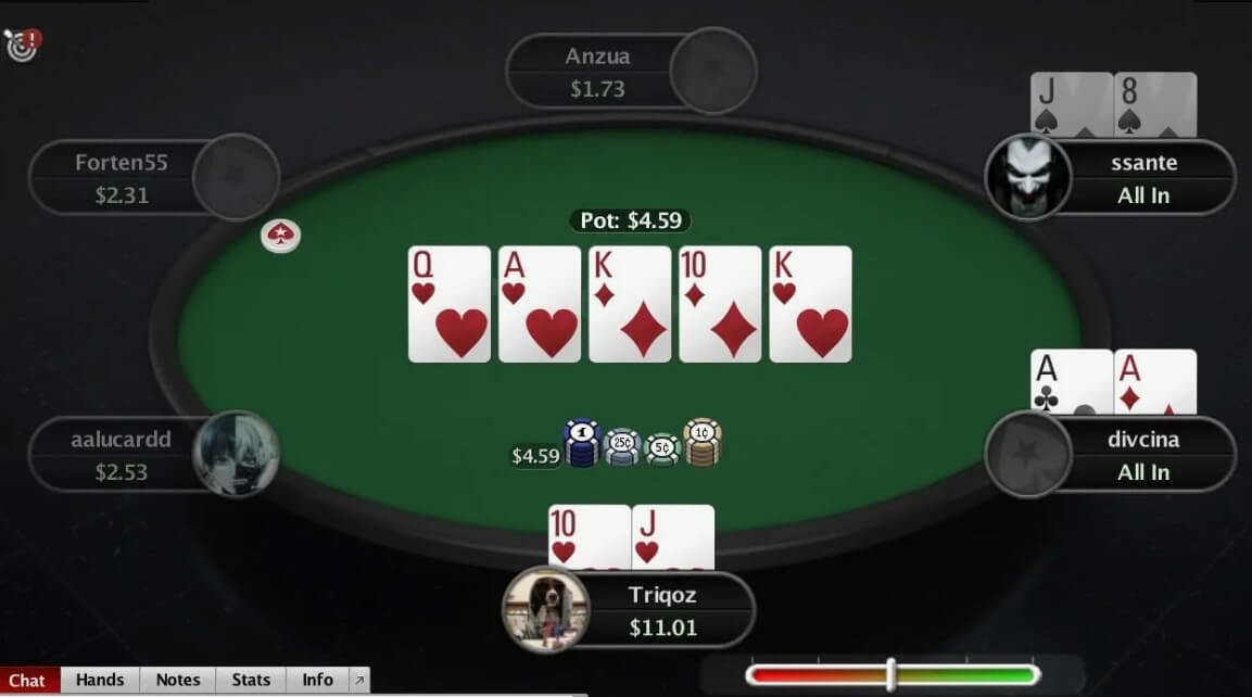 Реальная раздача в онлайн покер-руме с роял-флешем на червах