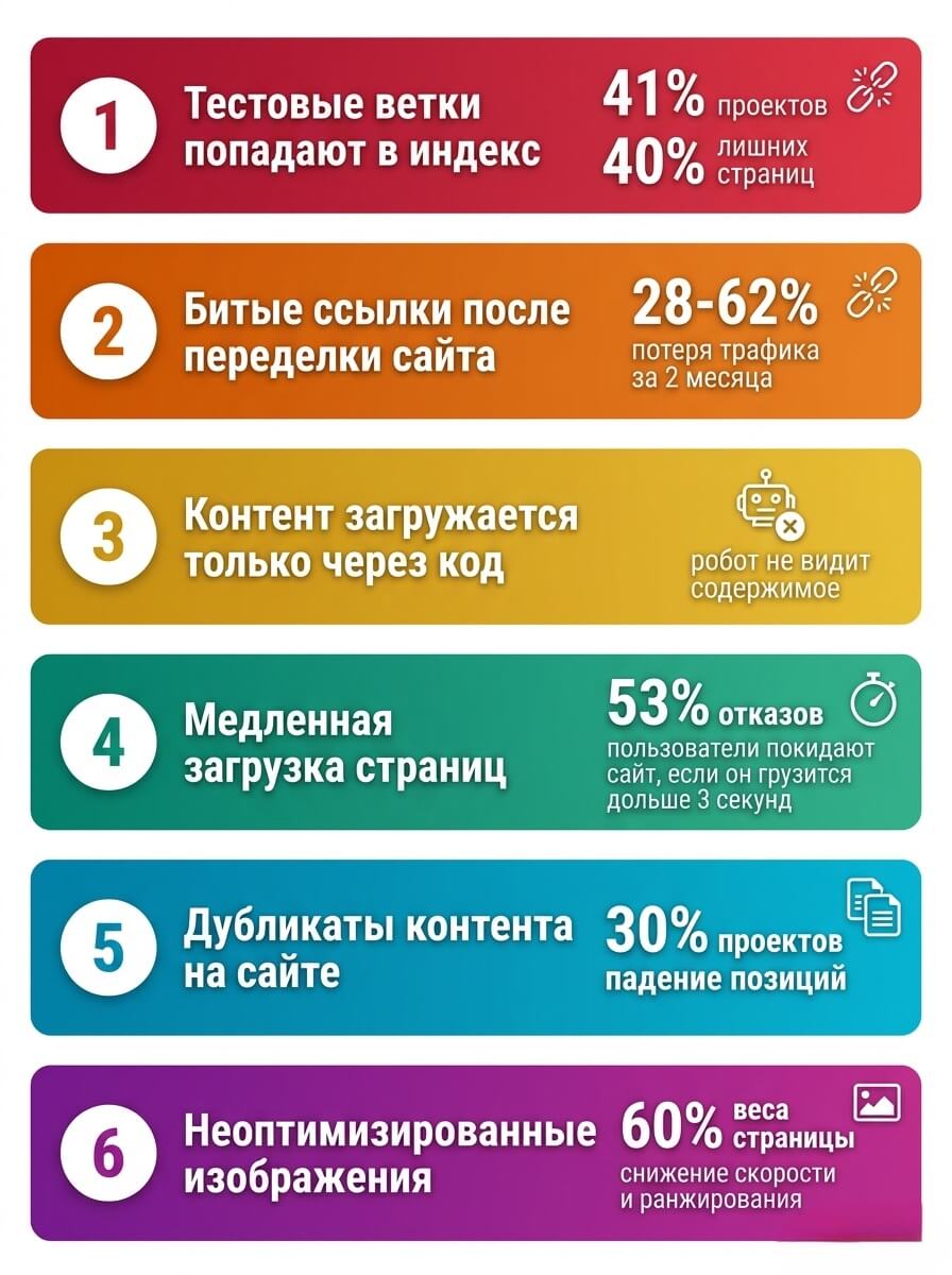 Инфографика: 6 ошибок разработки и поисковой оптимизации, убивающих позиции сайта