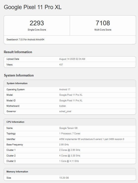 Pixel 11 Pro XL Geekbench Pixel 11 Pro XL Geekbench